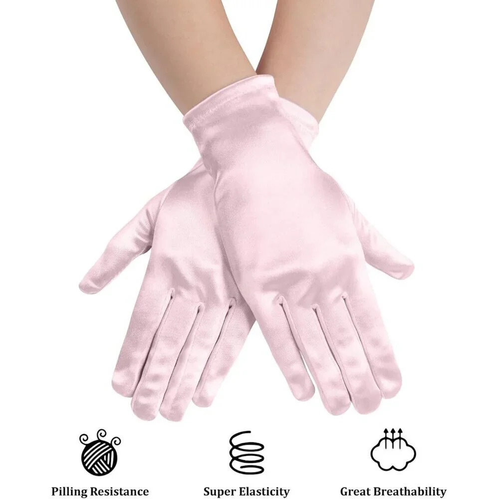 Women's Formal Short Pink Satin Gloves Bridal Wedding Banquet Party Costume